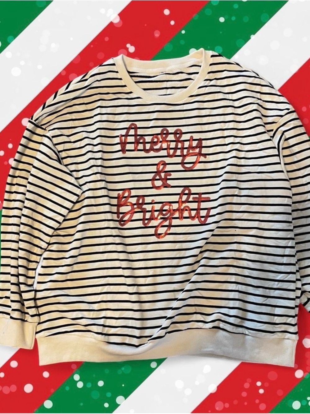 Christmas Striped 'Merry & Bright' Women's Sweatshirt - Red Script XXL